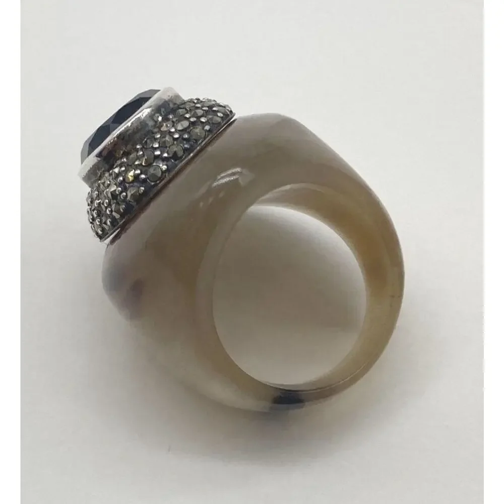 925 Sterling Silver Ring Black Onyx Ring Marcasite Buffalo Horn Art Deco Sz 6